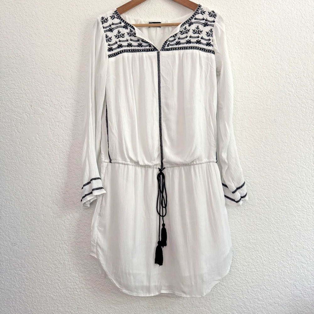 Gap White Embroidered Boho Long Sleeve Dress Drawstring Black Tassels Women Sz M